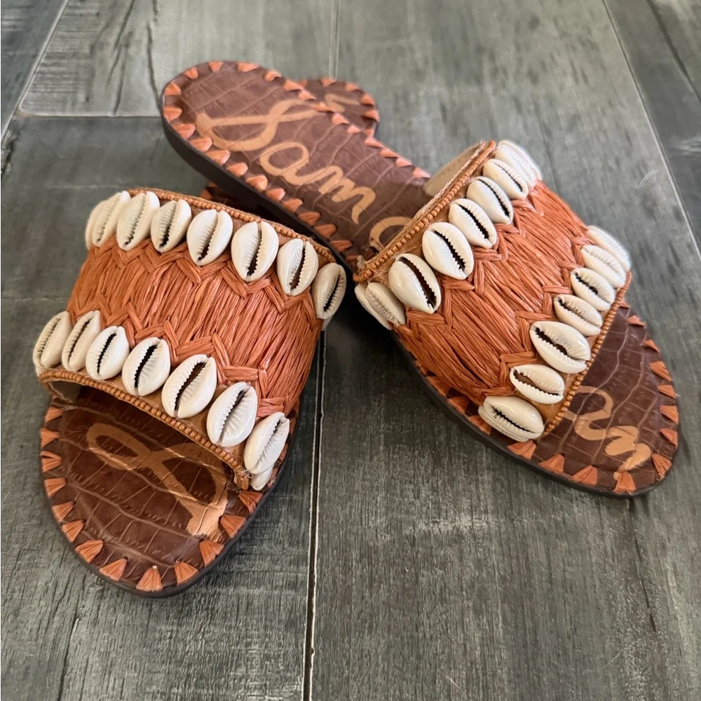 Sam Edelman Size 8 Gale Shell Embellished Raffia Slide Sandals NWOB - Picture 1 of 8